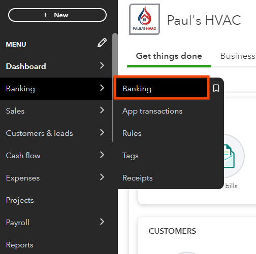 Section in QuickBooks indicating how to navigate to the banking center.