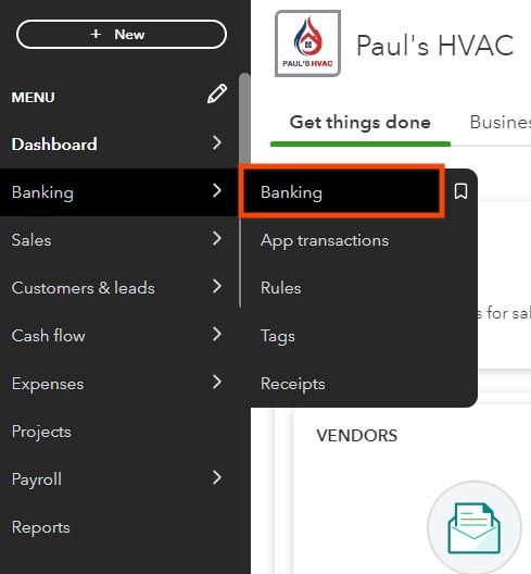 Screen showing how to navigate to the Banking Center in QuickBooks.