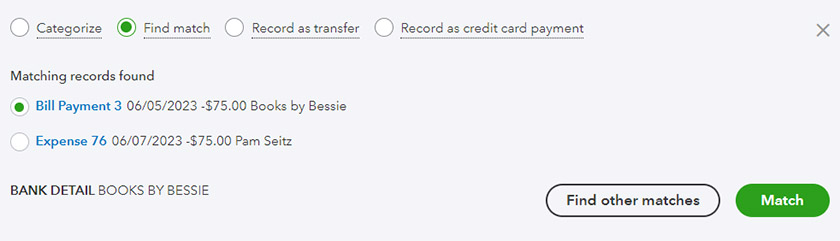 Screen showing two potential matches found for an imported transaction in QuickBooks.