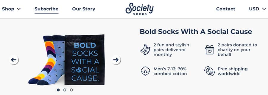 Society Socks home page social cause section.