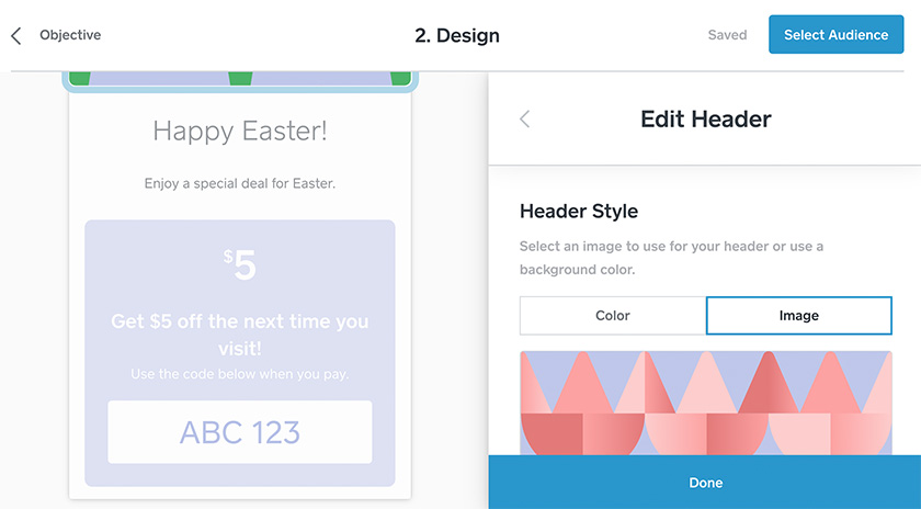 Square email marketing campaign design screen.