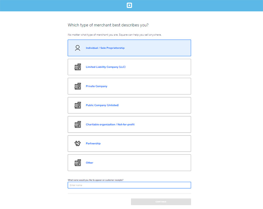 Square merchant type and business name page.