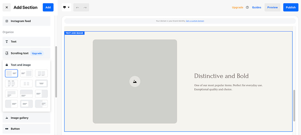 Square Online website builder add section image and text styles.