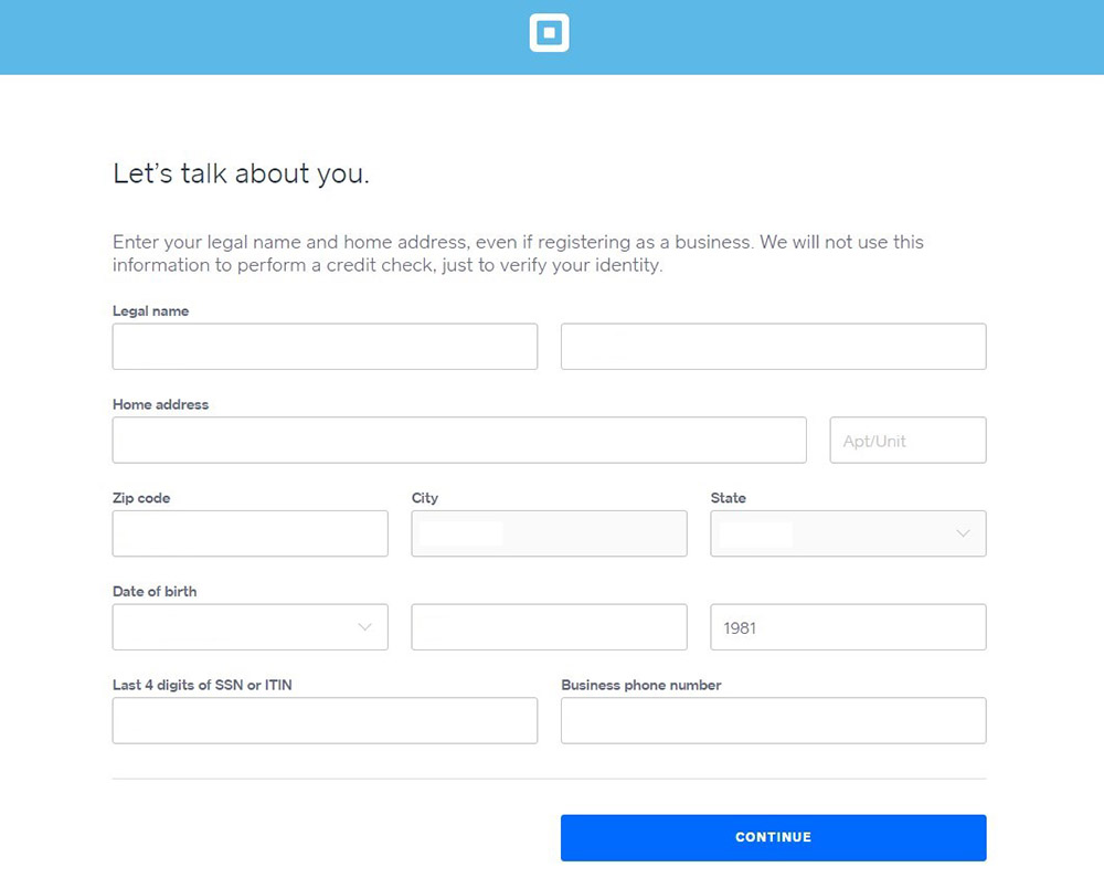 Square personal information sign up page.