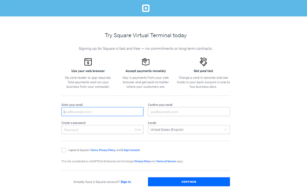 Square Virtual Terminal sign up page.