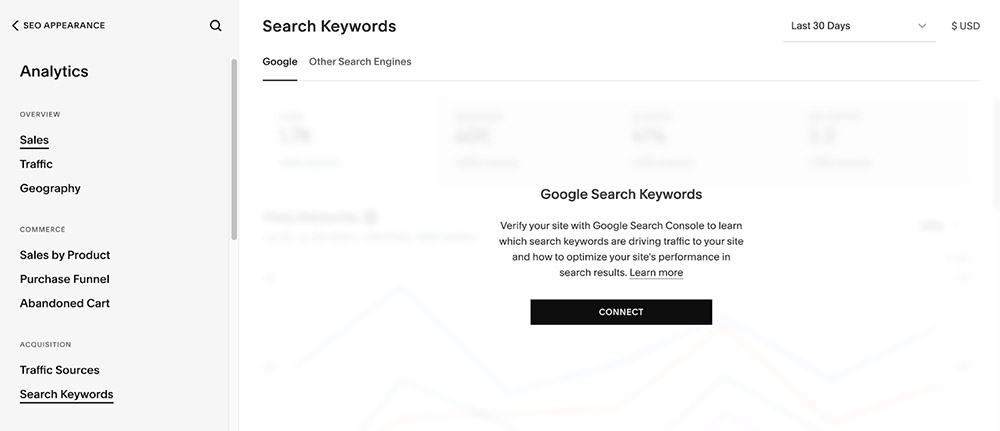 Squarespace analytics page google search keywords report.