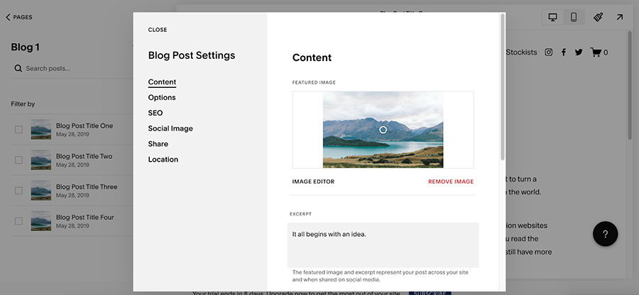 Squarespace blog seo settings page.