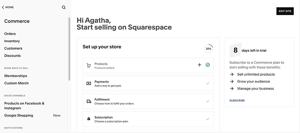 Squarespace commerce dashboard.