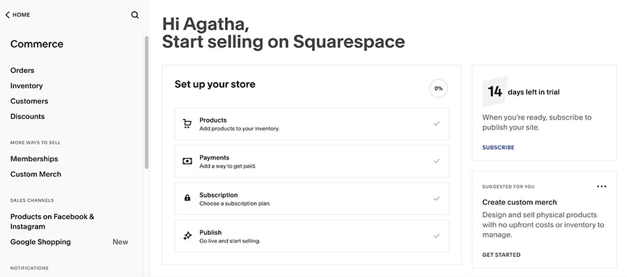 Squarespace commerce dashboard set up your store wizard.