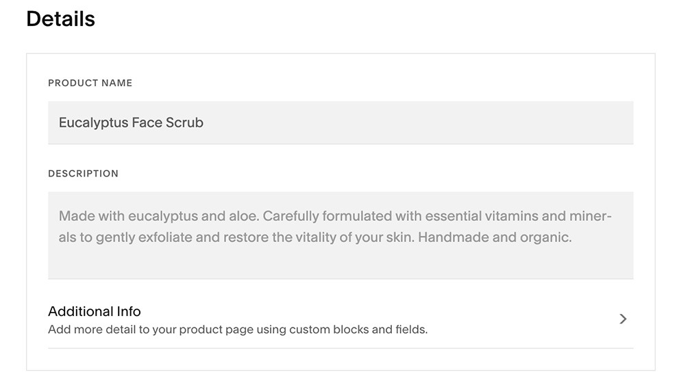 Squarespace ecommerce add product details.