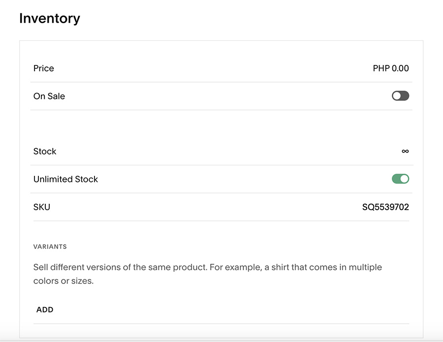 Squarespace ecommerce product inventory variants price stock SKU.