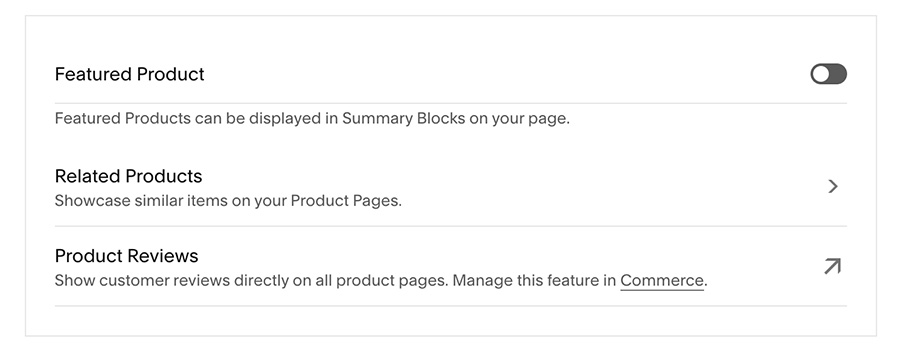 Squarespace ecommerce product visibility set up featured related product reviews.