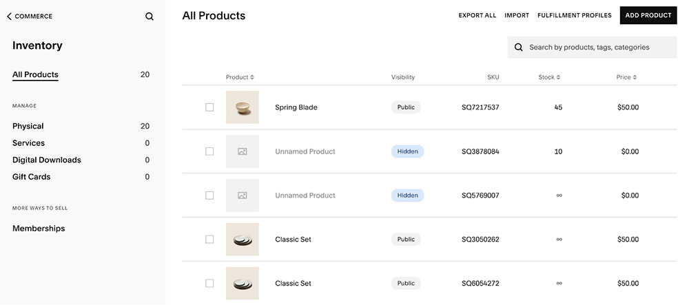 Squarespace inventory dashboard.