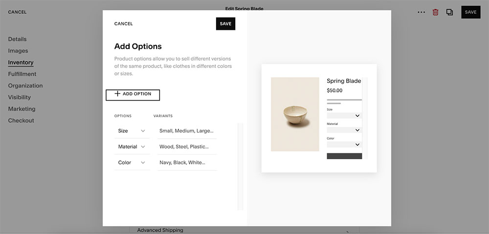 Squarespace product options and variants setup page.