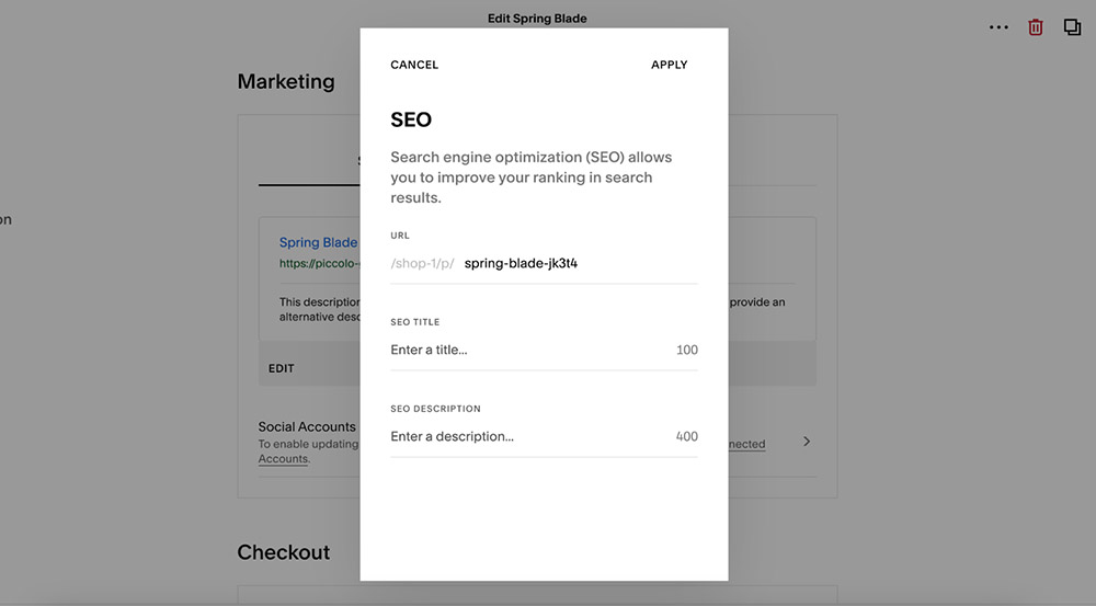 Squarespace product page set up SEO.