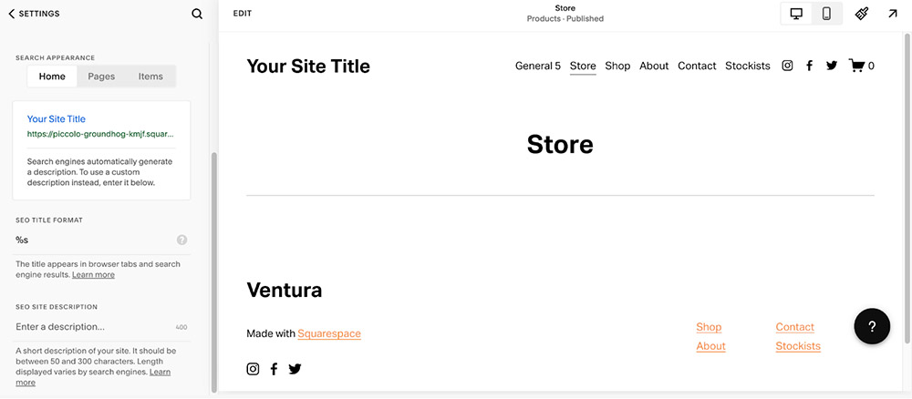 Squarespace set up SEO on site pages.