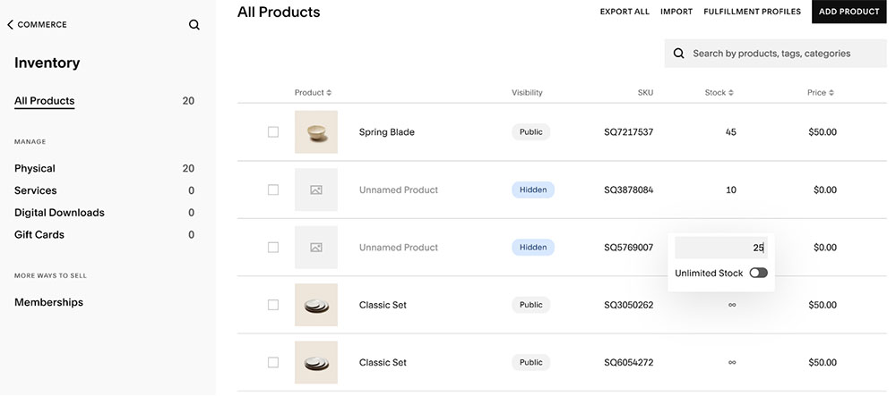 Update stock in Squarespace.