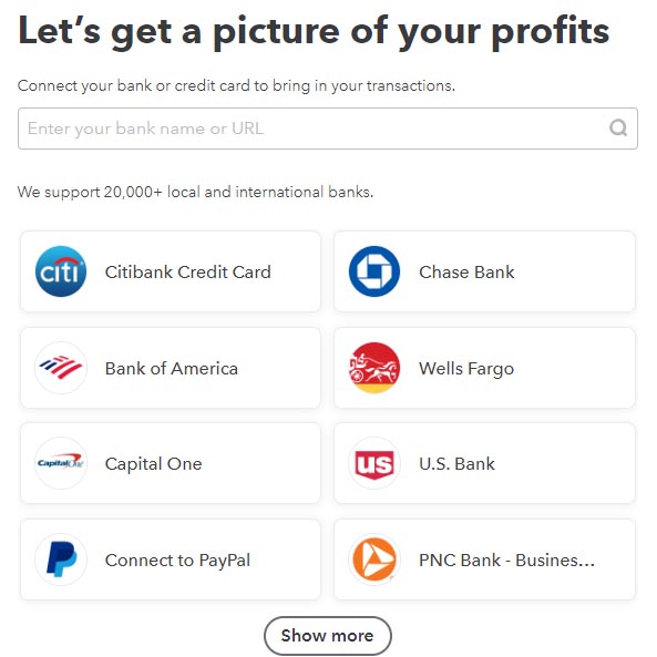 Screen where you can choose your credit card provider to connect to QuickBooks.