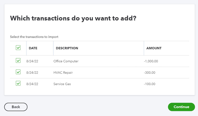 Screen where you can select which transactions to import into QuickBooks.