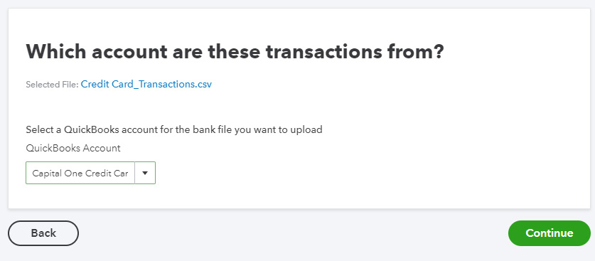 Screen where you can select the QuickBooks account for the bank file you wish to upload.