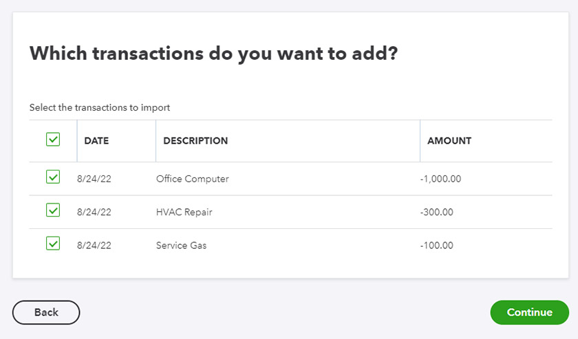 Screen where you can select the transactions you want to import to QuickBooks.