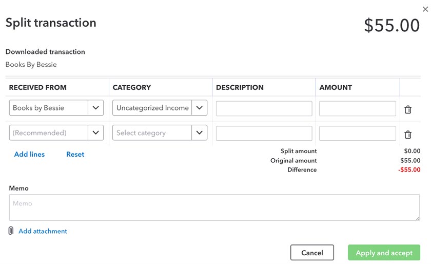 Screen where you can split imported transactions in QuickBooks Online.