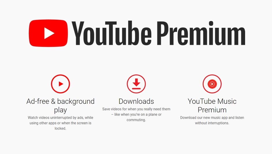 YouTube Premium banner with the YouTube logo and premium features listed below.