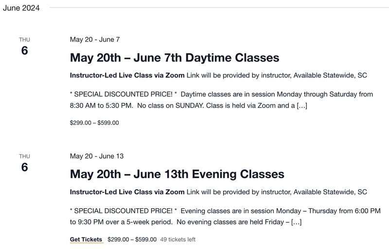 Screenshot of the upcoming schedules for statewide live Zoom classes in South Carolina Real Estate School.