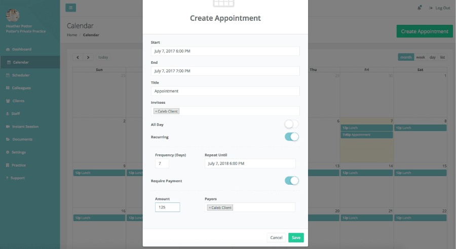 thera-link's appointment interface where users create appointments and determine time, frequency, and price.
