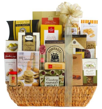 A beautifully arranged wine basket with an assortment of fine wines and gourmet snacks.