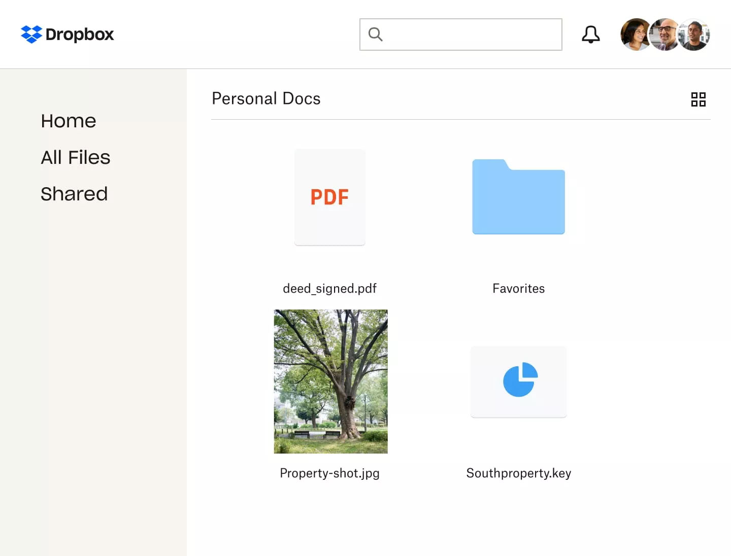 Dropbox interface showing the main menu at the left panel and "Personal Docs" in the main panel.