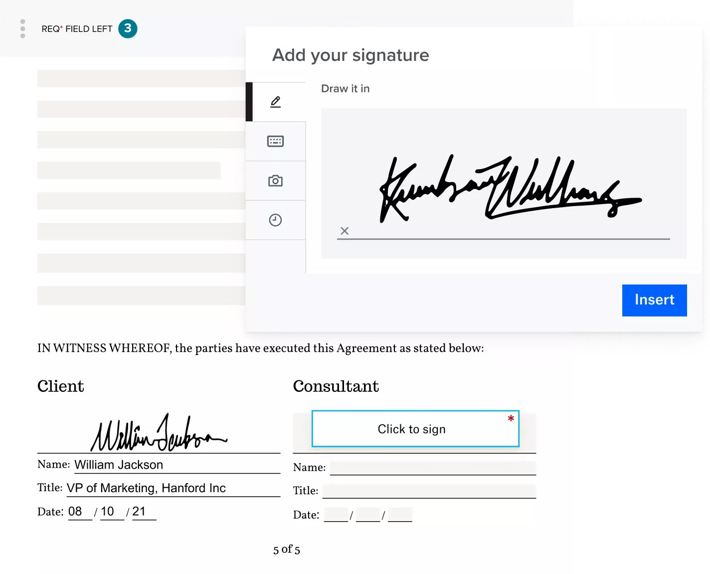 Dropbox interface showing a pop-up box that allows users to add electronic signatures and another window displaying signature fields for "Client" and "Consultant".