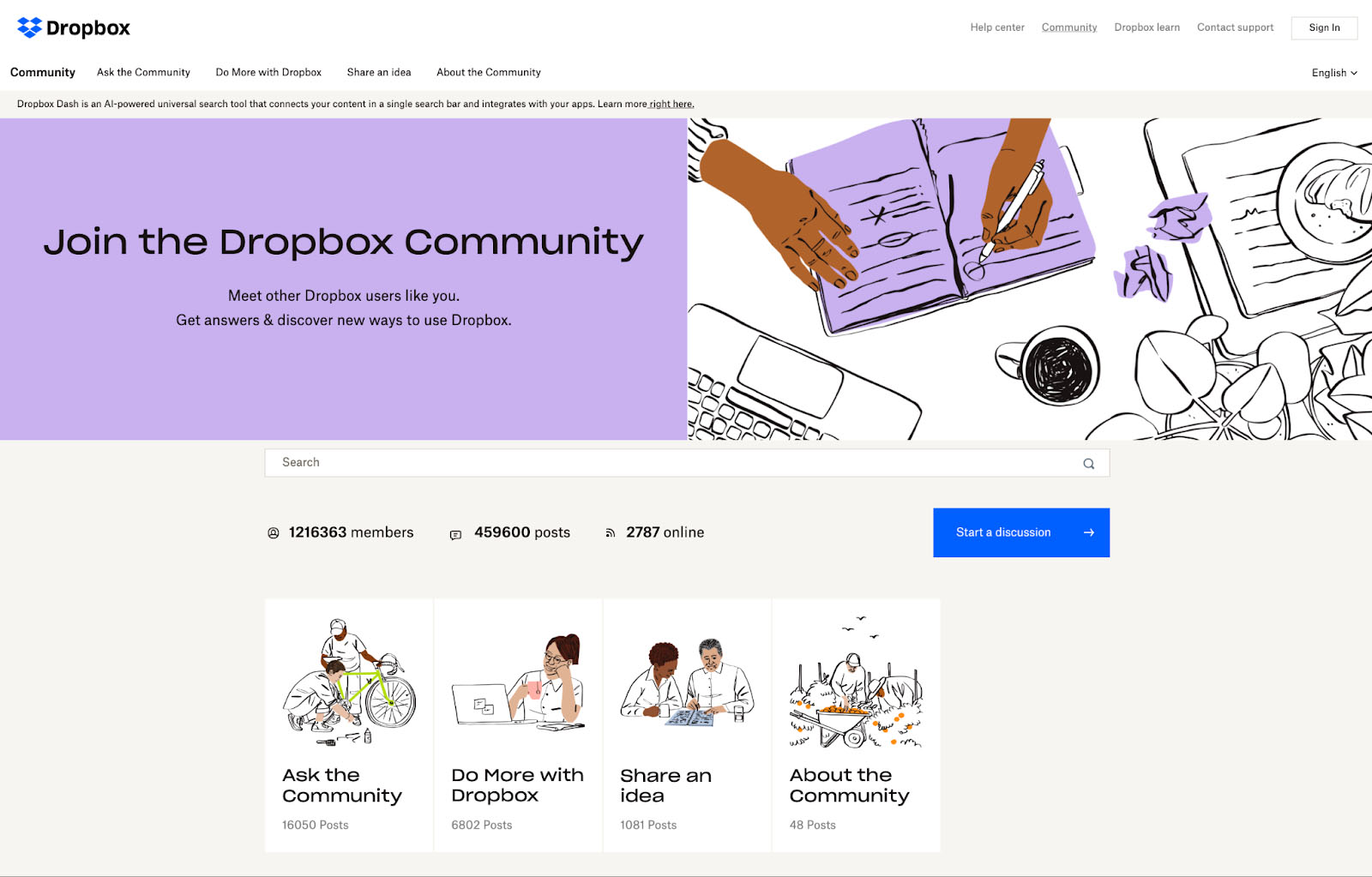 Dropbox website shows the community page, which has a banner that says "Join the Dropbox Community" and an accompanying image of a workstation. Below the banner is a search bar and the number of members, posts, and online users.