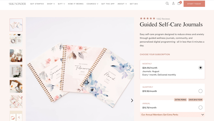 Silk and Sonder product page with a floral self-care planner on a pink background.