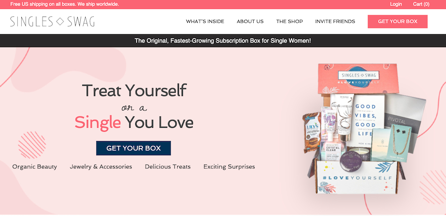 Singles Swag ecommerce homepage with pink background, notable mentions, and an image of their product