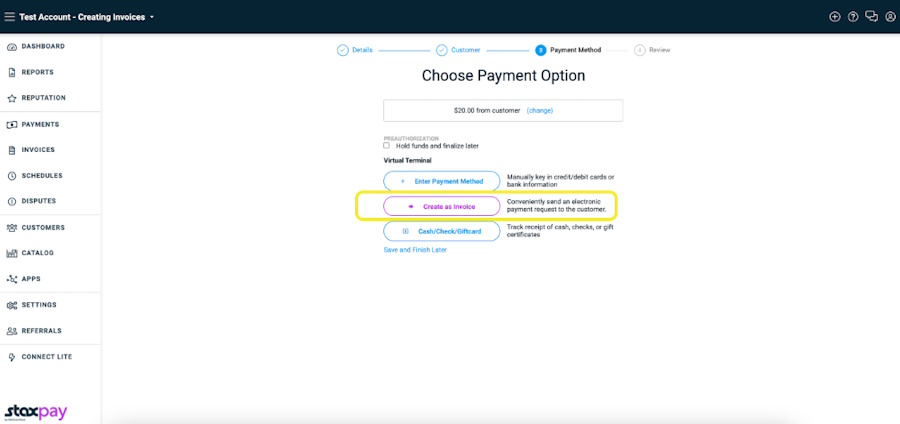 Stax "create invoice" page with options for payment method.