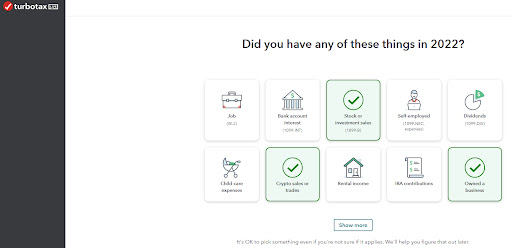 Image of TurboTax's input screen, that shows tiles for different tax situations including crypto sales or trades