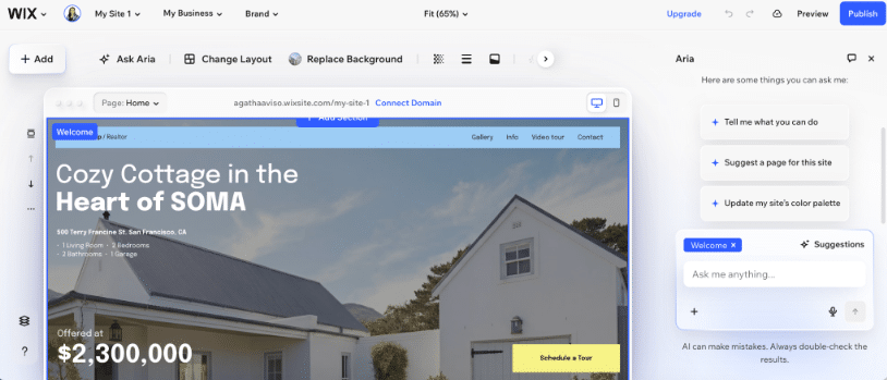 Wix landing page editor with AI assistant tools, drag-and-drop customization controls, and responsive preview options.