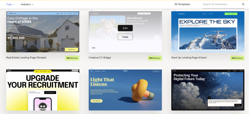 Wix landing page template gallery showing customizable templates for real estate, startups, portfolios, and business promotions.