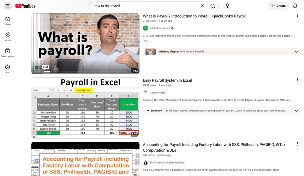 YouTube dashboard with “How to do Payroll” search key phrase