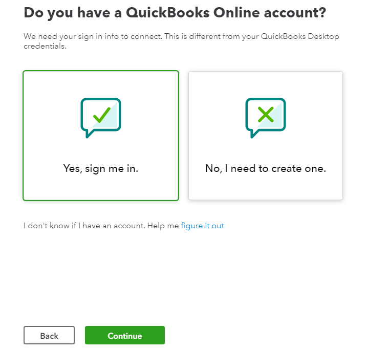 Screen where you can select to sign in to an existing QuickBooks Online account for QuickBooks Desktop data migration or create a new account