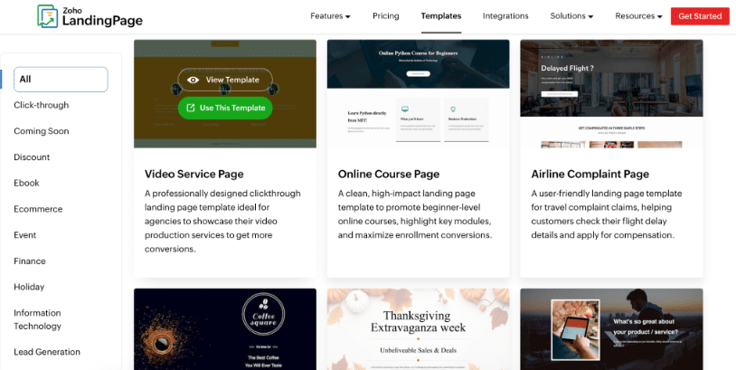 Zoho LandingPage template gallery displaying landing page categories and customizable templates for ecommerce, online courses, lead generation, and promotions.