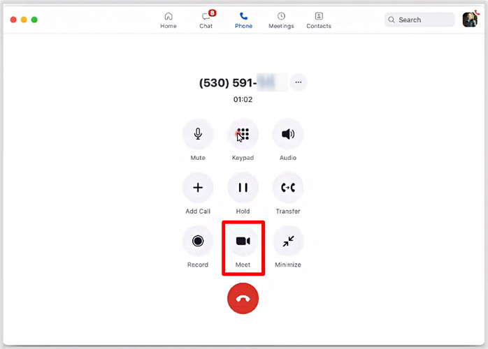 Zoom Phone interface showing in-call control options and a red box highlighting the "Meet" button.