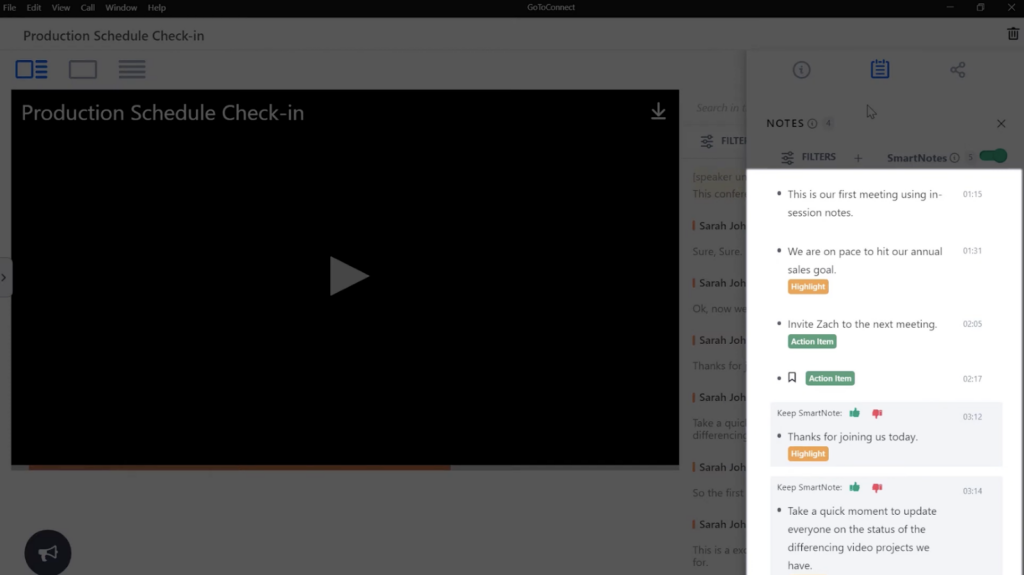 GoTo Connect interface showing a meeting recording on the left side of the screen and the session's notes on the right, which include tags for highlights and action items