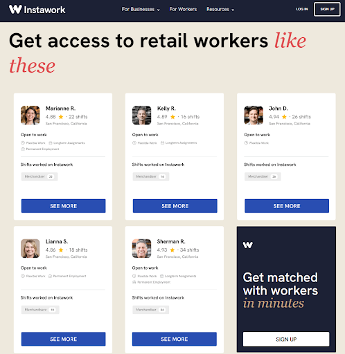 Screenshot of Instawork website showing retail workers