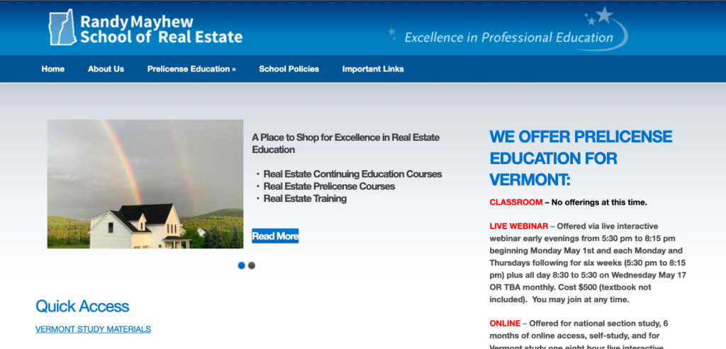 Randy Mayhew School of Real Estate’s prelicense education course showing a description of the live webinar and online learning formats.