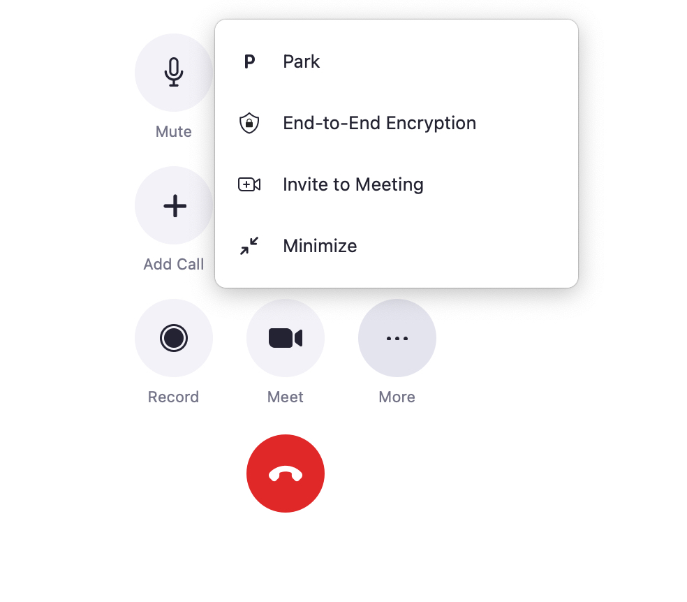Zoom Phone in-call controls showing the "More" options, which include Park, End-to-End Encryption, Invite to Meeting, and Minimize