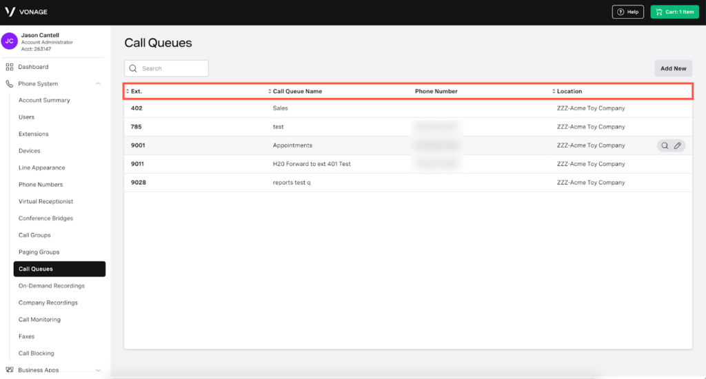 Vonage interface showing a list of call queues with a red box highlighting the row headers: call queue name, extensions, phone numbers, and locations