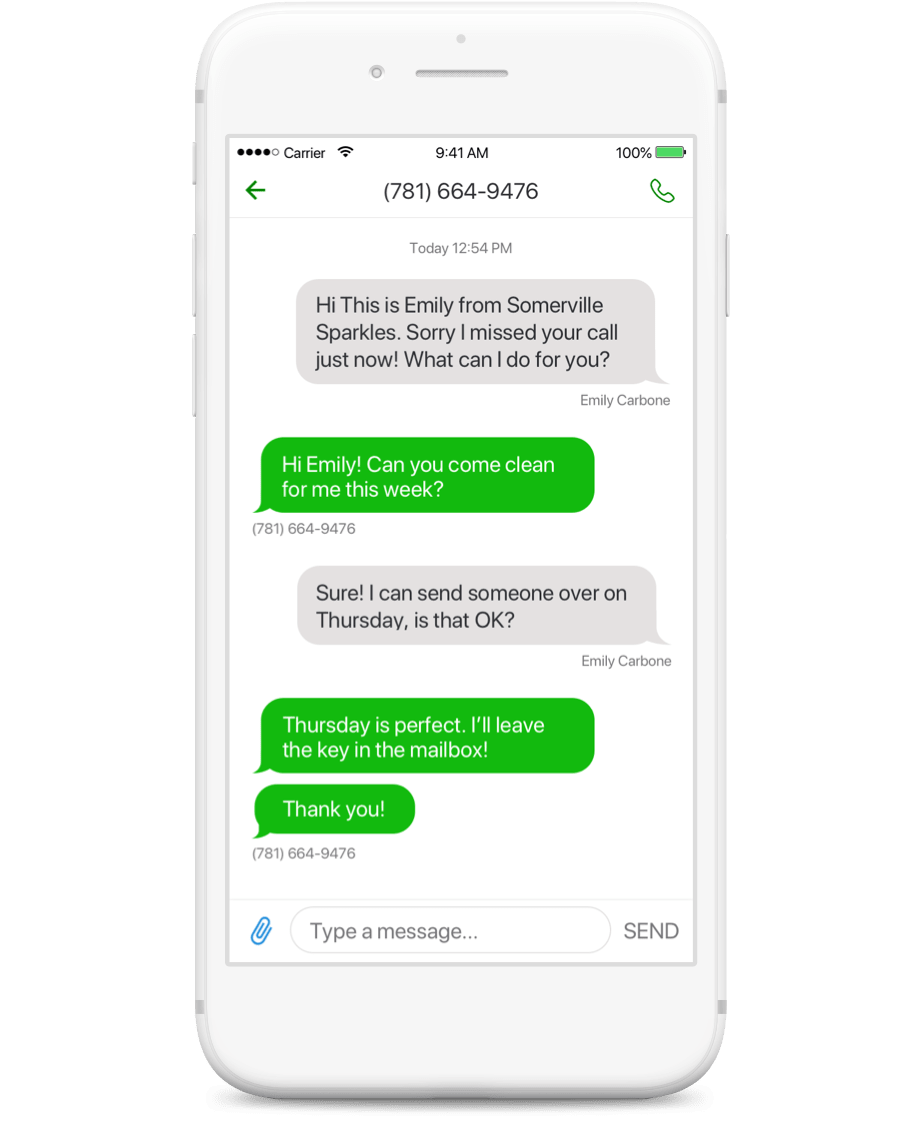 A mobile screen showing an exchange of text messages between two individuals, discussing a cleaning appointment