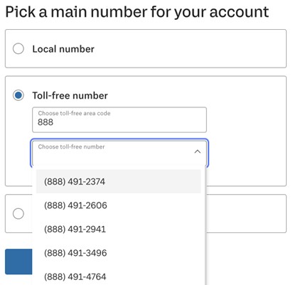 RingCentral toll-free number picker with drop-down button for toll-free numbers